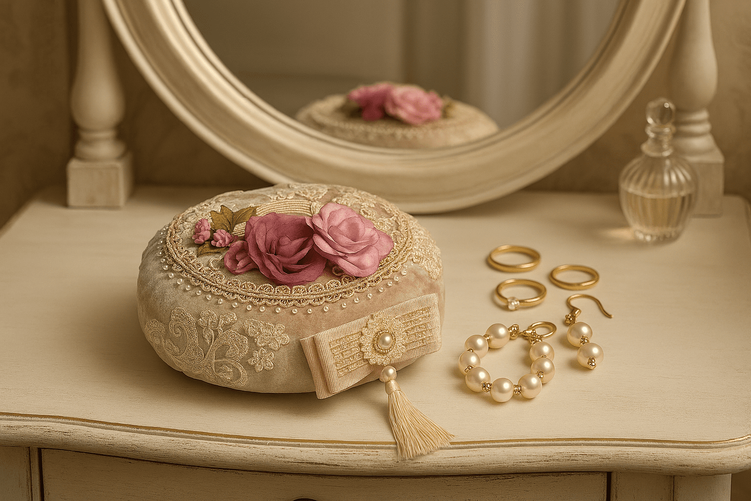 جاجواهری دست‌ ساز مخمل با گل پارچه‌ای و مروارید، قرارگرفته روی میز توالت زنانه کنار حلقه‌های طلایی، دستبند مروارید و گوشواره‌های آویزی – محصول خنچه سالار