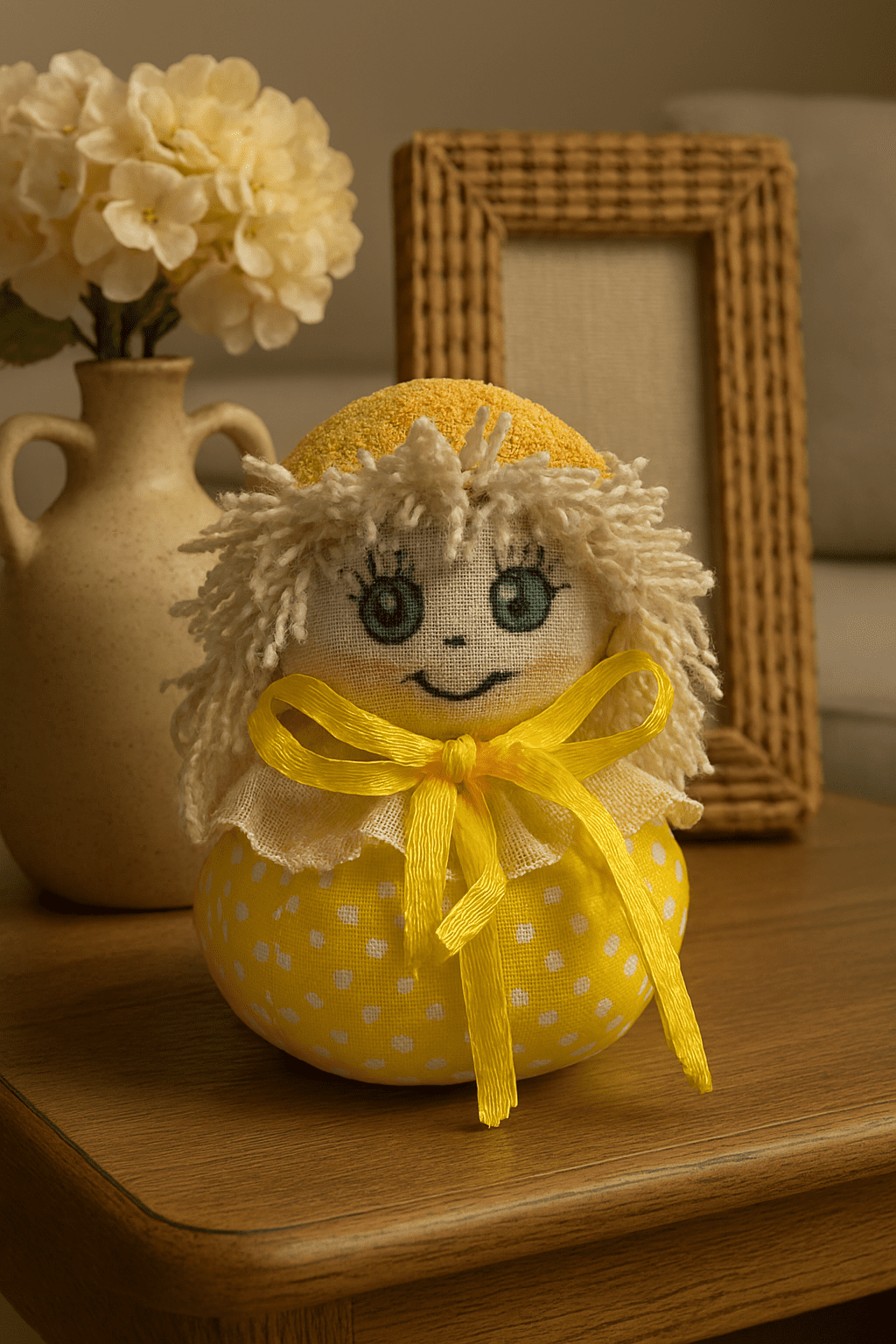 عروسک دست‌دوز پوفینو با لباس زرد خال‌خالی، روبان زرد، موهای کاموایی سفید و کلاه پارچه‌ای، قرارگرفته روی سطح چوبی در کنار گلدان کرمی و قاب حصیری – دکور گرم و خانگی