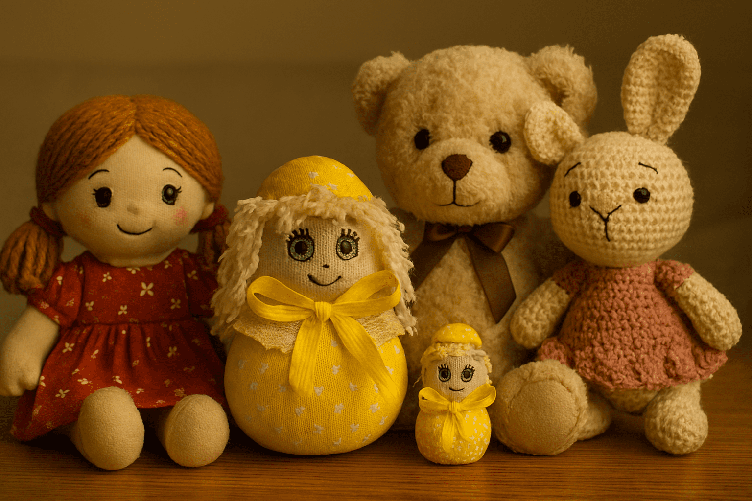 مجموعه‌ای از عروسک‌های پارچه‌ای و بافتنی شامل پوفینو با لباس زرد خال‌خالی، روبان زرد و کلاه، در کنار عروسک دختر مو قرمز، خرس پشمالو، خرگوش بافتنی و نسخه کوچک پوفینو روی سطح چوبی با نور گرم