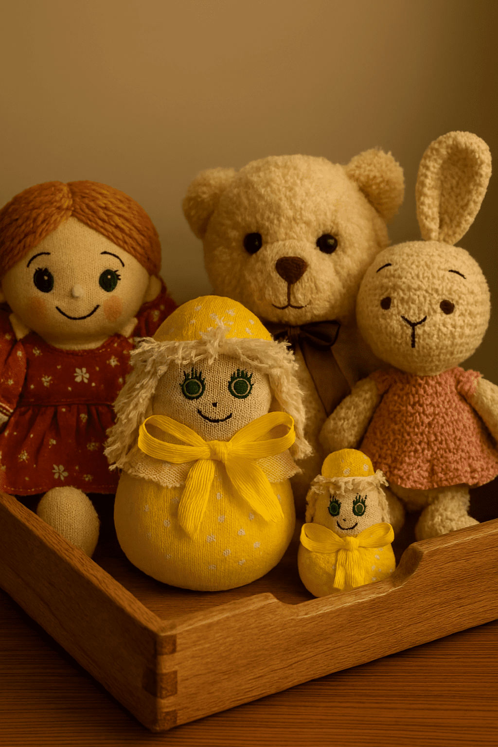 مجموعه‌ای از عروسک‌های پارچه‌ای و بافتنی شامل پوفینو با لباس زرد خال‌خالی، روبان زرد و کلاه، در کنار عروسک دختر مو قرمز، خرس پشمالو، خرگوش بافتنی و نسخه کوچک پوفینو روی سطح چوبی با نور گرم