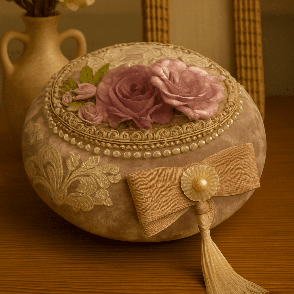 جاجواهری صورتی دست‌دوز با پارچه مخملی و دوخت‌های ظریف طلایی، مناسب نگهداری زیورآلات و دکور خانگی