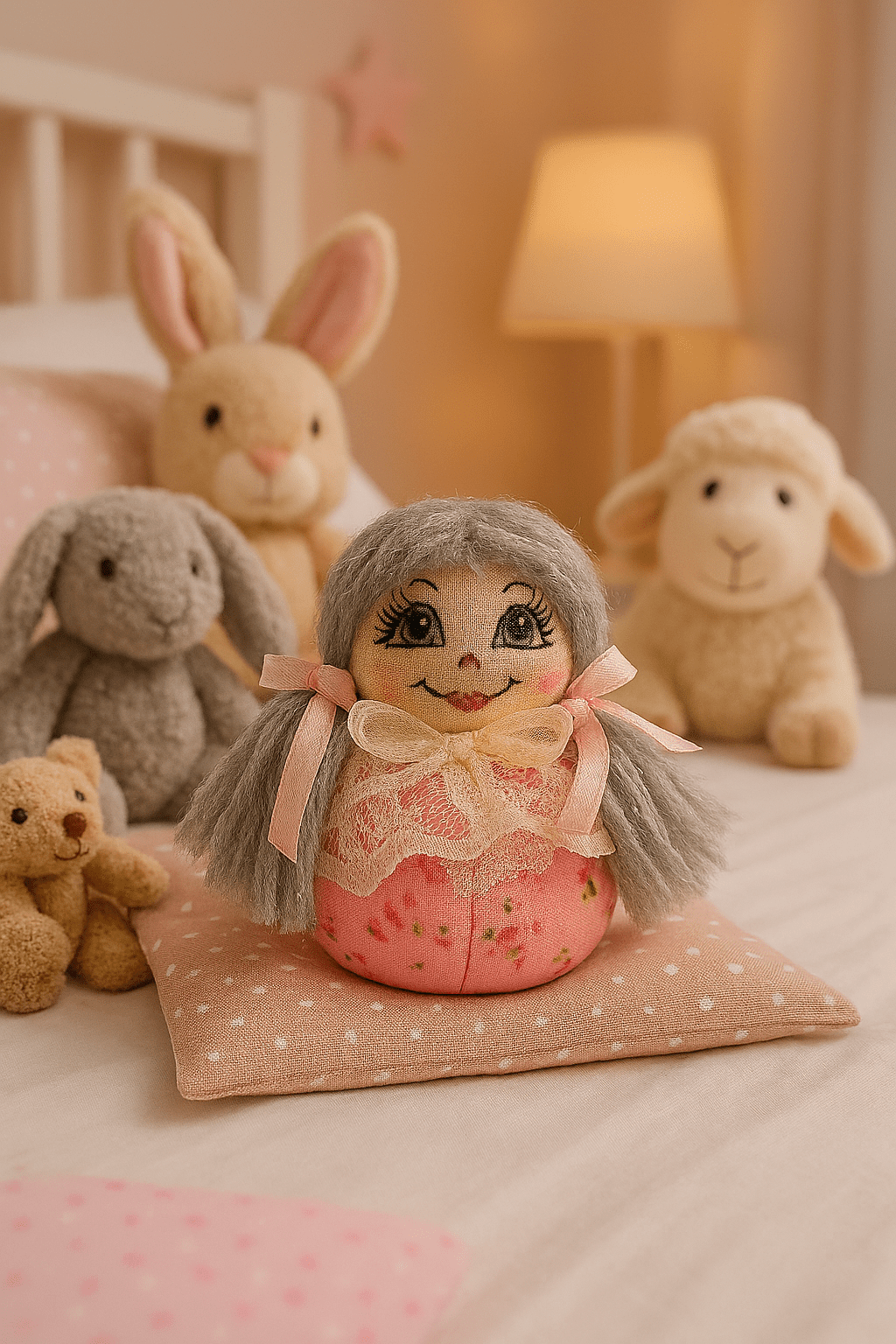 عروسک دست دوز پوفینو با لباس صورتی گل‌دار، تور سفید، روبان صورتی و موهای کاموایی خاکستری، مناسب برای دکور اتاق کودک و هدیه خاص