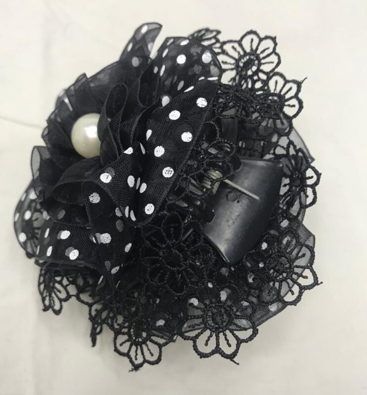 کلیپس مو حریر خال دار مشکی با پارچه شفاف و خال های سفید